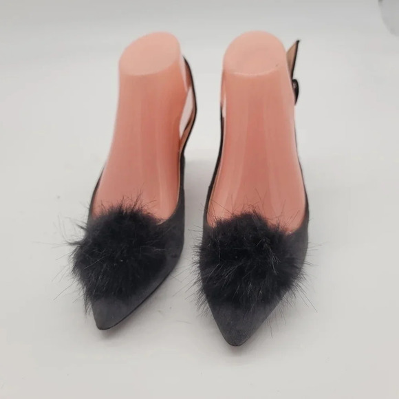 Franco Sarto Sz 7 Gray Suede Slingback Kitten Heels Faux Fur Pom Sandals Leather - Picture 1 of 9